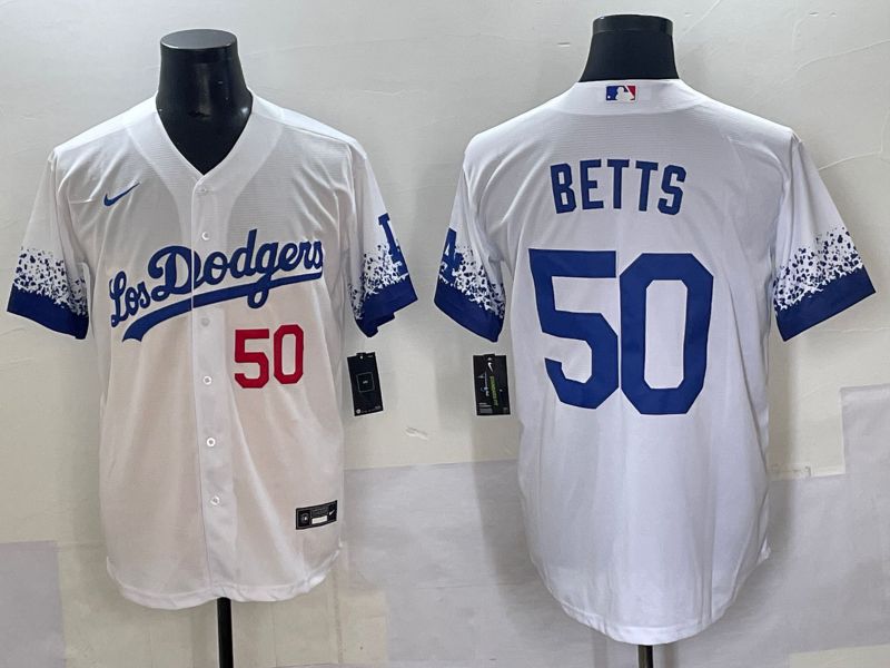 Men Los Angeles Dodgers 50 Betts White blue City Edition Nike MLB Jersey style 4